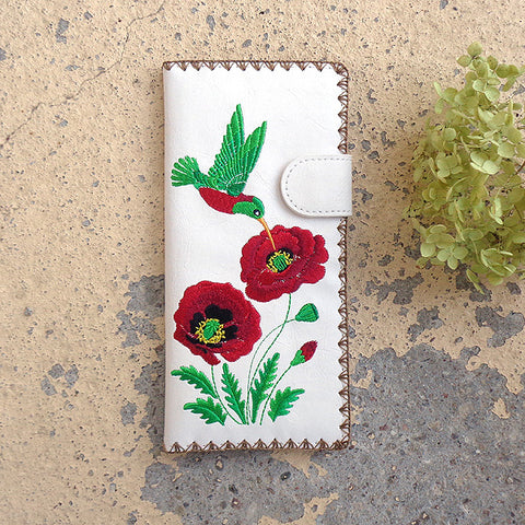 LAVISHY Eco-friendly vegan embroidered hummingbird & poppy flower large flat wallet for women for online shopping. Great gift ideas for family & friends especially for those who embrace vegan lifestyle or love Ukraine. 
