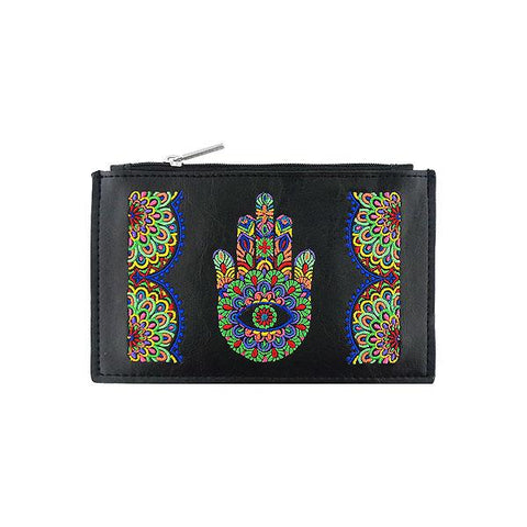 Online shopping for vegan brand LAVISHY's Eco-friendly, ethically made, cruelty free bohemian style vegan flat pouch with Indian hand Hamsa/hand of Fatima embroidery motif. Wholesale at www.lavishy.com for retailers like gift shop, clothing & fashion accessories boutique, book store in Canada, USA, worldwide since 2001.