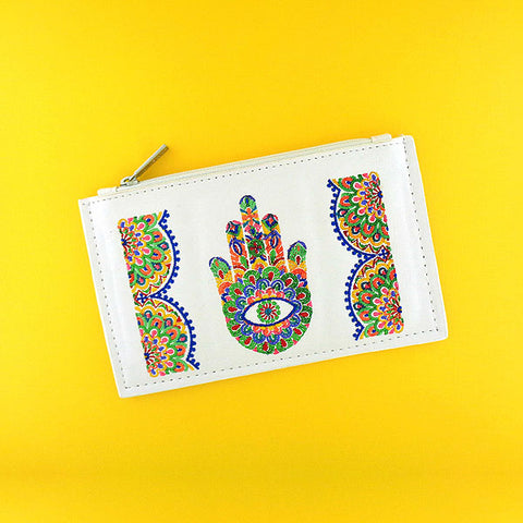 Online shopping for vegan brand LAVISHY's Eco-friendly, ethically made, cruelty free bohemian style vegan flat pouch with Indian hand Hamsa/hand of Fatima embroidery motif. Wholesale at www.lavishy.com for retailers like gift shop, clothing & fashion accessories boutique, book store in Canada, USA, worldwide since 2001.