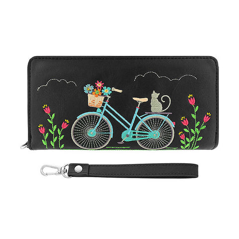 LAVISHY Eco-friendly, ethically made, cruelty free cat on bicycle embroidered vegan large wristlet wallet for women. Wholesale at www.lavishy.com for retailers like gift shop, clothing & fashion accessories boutique & book store worldwide since 2001.