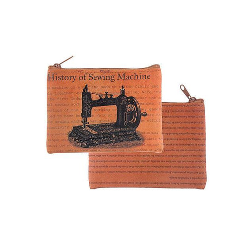 Online shopping for vegan brand LAVISHY's cool vegan coin purse with vintage/retro style print of sewing machine illustration on the background of text about the history of sewing machine. It's great for everyday use or as gift for friends & family. Wholesale at www.lavishy.com to gift shop, boutique & book store in USA, Canada & worldwide since 2001.