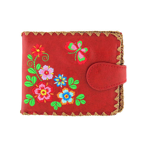 embroidered flower & butterfly vegan medium wallet for women by vegan brand LAVISHY, this Eco-friendly, ethically made, cruelty free wallet's lovely embroidery motif is framed by decorative stitches around the edge. Wholesale at www.lavishy.com with unique & fun fashion accessories for gift shop, boutique & corporate buyers.