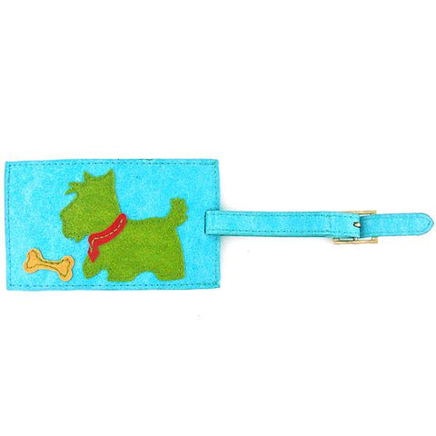 Online shopping for vegan brand LAVISHY's fun & Eco-friendly Scottish Terrier and a bone applique vegan luggage tag. Great for travel or a cool gift for family & friends. Wholesale at www.lavishy.com for gift shops, clothing & fashion accessories boutiques, book stores in Canada, USA & worldwide since 2001.