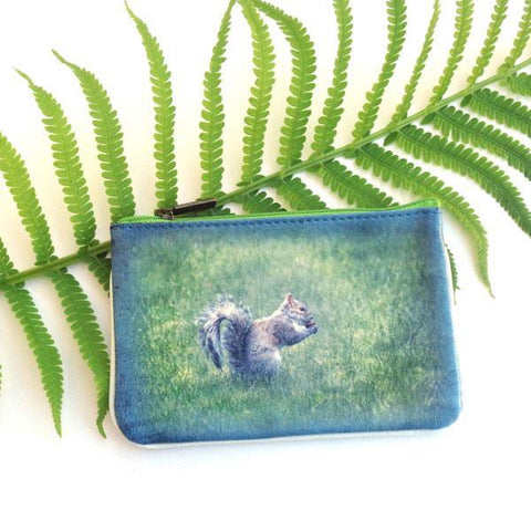 Mlavi's Eco-friendly, cruelty-free vegan/vegan leather Squirrel & mountain print small pouch/coin purse from Animal collection. Wholesale available at http://mlavi.com along with other fun & unique, whimsical vegan fashion accessories & gifts.