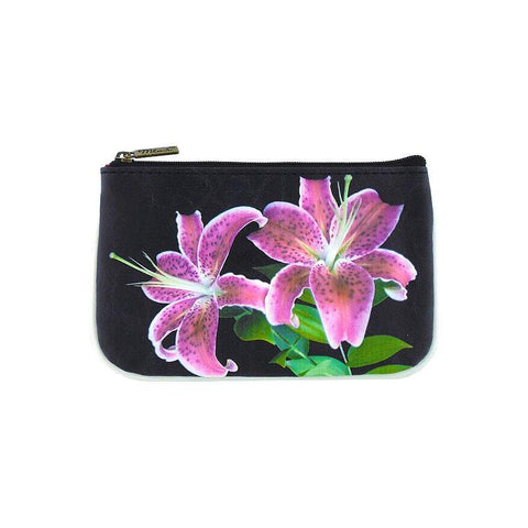 Mlavi Lily flower print small pouch/coin purse made with Eco-friendly & cruelty free vegan materials. Gift & boutique buyer can order wholesale at www.mlavi.com for ethically made & unique fashion accessories including bags, wallets, purses, coin purses, travel accessories & gifts.