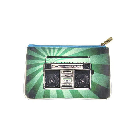 Mlavi's cool retro boombox & cassette print vegan small pouch/coin purse made with SGS tested cruelty-free Eco-friendly cruelty free vegan materials. Wholesale available at www.mlavi.com for gift shop, fashion accessories & clothing boutique in Canada, USA & worldwide.