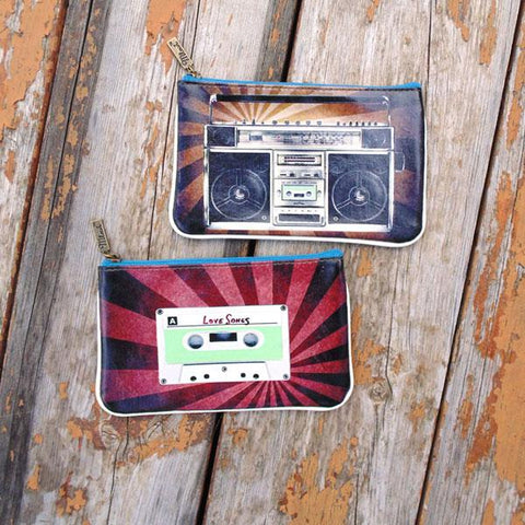 Mlavi's cool retro boombox & cassette print vegan small pouch/coin purse made with SGS tested cruelty-free Eco-friendly cruelty free vegan materials. Wholesale available at www.mlavi.com for gift shop, fashion accessories & clothing boutique in Canada, USA & worldwide.