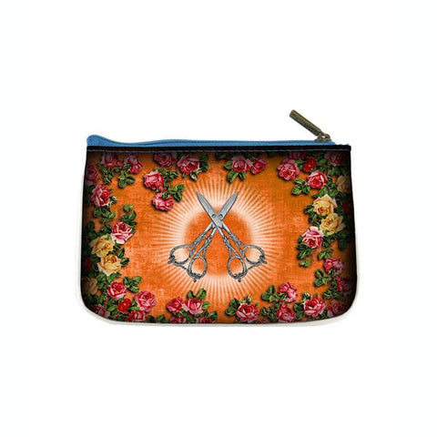 Mlavi's cool retro sewing machine & scissors print vegan small pouch/coin purse made with SGS tested cruelty-free Eco-friendly cruelty free vegan materials. Wholesale available at www.mlavi.com for gift shop, fashion accessories & clothing boutique in Canada, USA & worldwide.