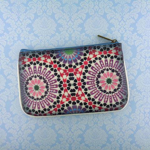 Mlavi Studio's whimsical vegan small pouch/coin purse with Bohemian style Moroccan tile pattern print. Great for everyday use or as gift for family & friends. Wholesale at www.mlavi.com for gift shops, fashion accessories & clothing boutiques, museum stores worldwide.