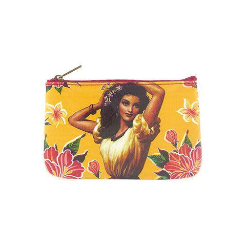 Mlavi studio retro style Mexican calendar pinup girl print small pouch/coin purse made with Eco-friendly & cruelty free vegan materials. Wholesale at www.mlavi.com to gift shops, clothing boutique & fashion accessories boutiques, book stores, souvenir shops in Canada, USA & worldwide.