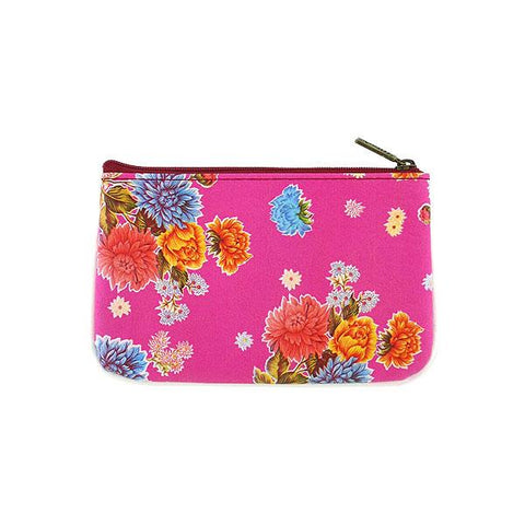 Mlavi Eco-friendly, cruelty-free, ethically made vegan/faux leather small pouch/coin purse features colorful Mexican oilcloth mums flower pattern. Great for every use or as gift for family & friends. Wholesale at www.mlavi.com for gift shops, clothing & fashion accessories boutiques worldwide.