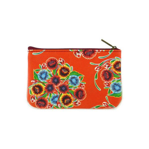 Mlavi Eco-friendly, cruelty-free, ethically made vegan/faux leather small pouch/coin purse features colorful Mexican oilcloth bloom flora pattern. Great for every use or as gift for family & friends. Wholesale at www.mlavi.com for gift shops, clothing & fashion accessories boutiques worldwide.