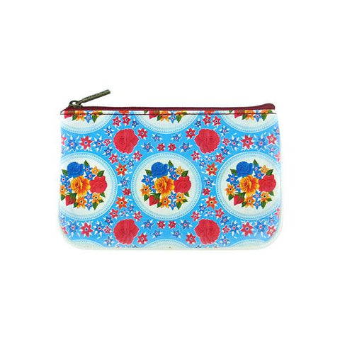 Mlavi Eco-friendly, cruelty-free, ethically made vegan/faux leather small pouch/coin purse features colorful Mexican oilcloth garden flora pattern. Great for every use or as gift for family & friends. Wholesale at www.mlavi.com for gift shops, clothing & fashion accessories boutiques worldwide.