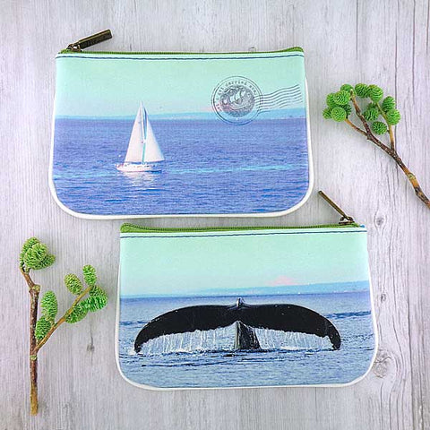 Eco-friendly, cruelty-free small pouch/coin purse with vintage style Seattle boat & whale print by Mlavi Studio. Great for everyday use, gift for family & friends. Wholesale at www.mlavi.com to gift shop, clothing & fashion accessories boutiques, book stores, souvenir shops in USA.