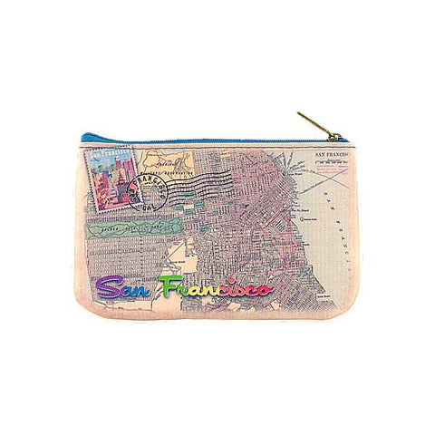 Mlavi Studio's vintage style San Francisco waterfront skyline print vegan small pouch/coin purse. Great for everyday use, gift for family & friends. Wholesale at www.mlavi.com to gift shop, clothing & fashion accessories boutiques, book stores, souvenir shops in USA.
