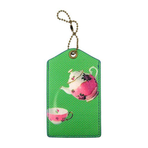 cool retro tea port & cup print vegan luggage tag made with SGS tested cruelty-free Eco-friendly cruelty free vegan materials. Wholesale available at www.mlavi.com for gift shop, fashion accessories & clothing boutique in Canada, USA & worldwide.
