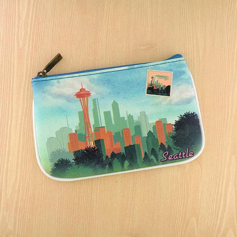 Eco-friendly, cruelty-free small pouch/coin purse with vintage style Seattle city skyline print by Mlavi Studio. Great for everyday use, gift for family & friends. Wholesale at www.mlavi.com to gift shop, clothing & fashion accessories boutiques, book stores, souvenir shops in USA.