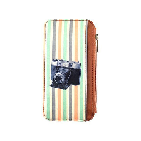 Mlavi studio's cool retro camera print vegan cardholder made with cruelty-free Eco-friendly vegan materials. Great for everyday use, travel & as gift for family & friends. Wholesale at www.mlavi.com for gift shops, fashion accessories & clothing boutiques, book stores in Canada, USA & worldwide.