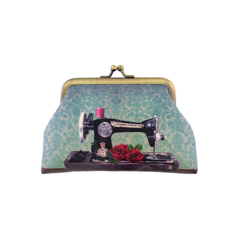 Mlavi vintage sewing machine print vegan kiss lock frame coin purse