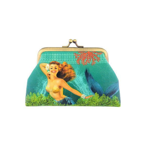 Mlavi Eco-friendly, cruelty-free, ethically made kiss lock frame coin purse with pinup girl style mermaid print. Great for everyday use or as whimsical gift for family & friends. Wholesale at www.mlavi.com to gift shop, clothing & fashion accessories boutiques, book stores worldwide.