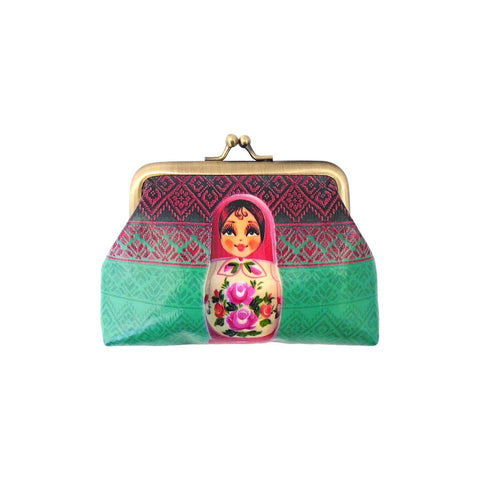 Mlavi's Nesting doll Ukrainian girl kiss lock frame vegan leather coin purse. Great for everyday use & a unique gift for yourself & family & friends. More Ukraine themed bags, wallets & other fashion accessories are available for wholesale at www.mlavi.com for gift & boutique buyers worldwide.