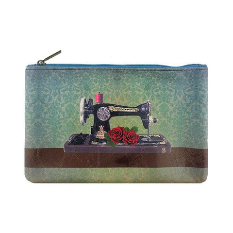 Mlavi studio sewing machine & rose print vegan flat medium pouch