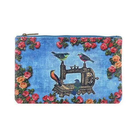 Mlavi whimsical vegan flat medium makeup pouch with Vintage style birds on sewing machine illustration print. A great gift for family & friends. Wholesale at www.mlavi.com for gift shops, fashion accessories & clothing boutiques in Canada, USA & worldwide.