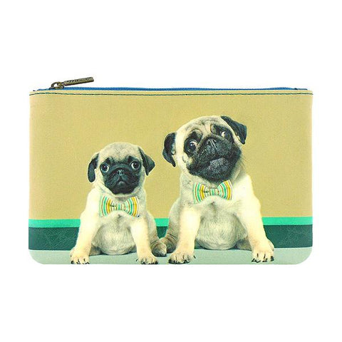 Mlavi Eco-friendly vegan leather medium/makeup pouch with pug daddy and pug puppy print. It's great for everyday use & a unique gift for yourself, family & friends. More pet/dog/cat/animal theme fashion accessories are available for wholesale at www.mlavi.com for gift & boutique buyers worldwide.