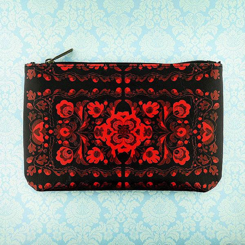 Mlavi vegan leather medium flat/makeup pouch for women with Ukrainian poppy flower embroidery pattern print. Great for everyday use & a unique gift for yourself & family & friends. More Ukraine themed bags, wallets & other fashion accessories are available for wholesale at www.mlavi.com for gift & boutique buyers worldwide.