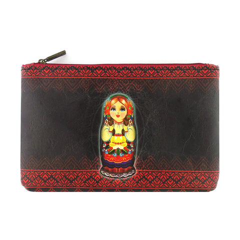 Mlavi vegan leather medium flat/makeup pouch for women with Nesting doll Ukrainian girl print. Great for everyday use & a unique gift for yourself & family & friends. More Ukraine themed bags, wallets & other fashion accessories are available for wholesale at www.mlavi.com for gift & boutique buyers worldwide.