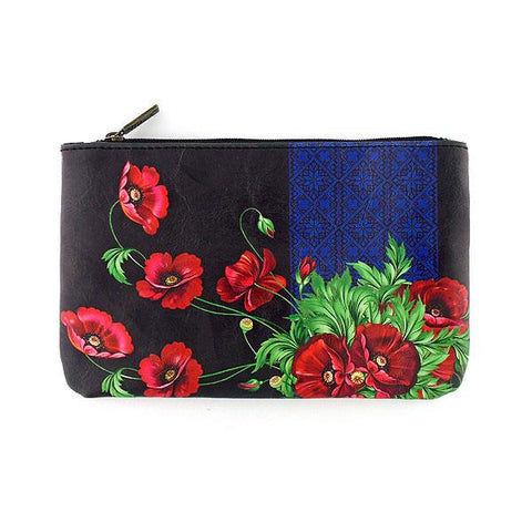 Mlavi vegan leather medium flat/makeup pouch for women with Ukrainian poppy flower print print. Great for everyday use & a unique gift for yourself & family & friends. More Ukraine themed bags, wallets & other fashion accessories are available for wholesale at www.mlavi.com for gift & boutique buyers worldwide.