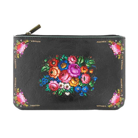 Mlavi vegan leather medium flat/makeup pouch for women with Ukrainian flower print print. Great for everyday use & a unique gift for yourself & family & friends. More Ukraine themed bags, wallets & other fashion accessories are available for wholesale at www.mlavi.com for gift & boutique buyers worldwide.
