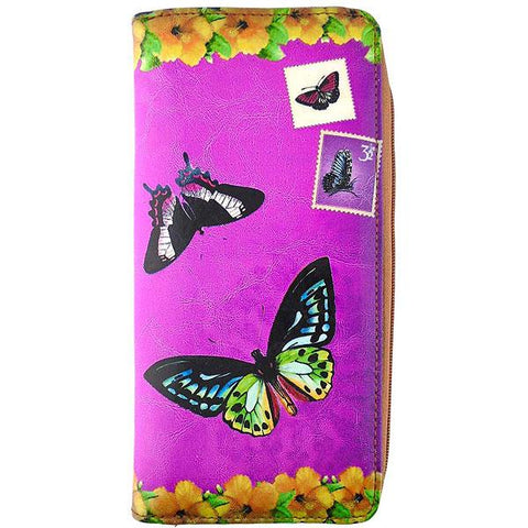 Mlavi vegan leather vintage style Large Wallet features whimsical butterfly & hibiscus flower illustration. A great gift idea for yourself & your friends & family. More whimsical fashion accessories are available for wholesale at www.mlavi.com for gift shop,  , fashion accessories & clothing boutique buyers in Canada, USA & worldwide.