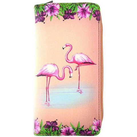 Mlavi vegan leather vintage style Large Wallet features whimsical flamingo & hibiscus flower illustration. A great gift idea for yourself & your friends & family. More whimsical fashion accessories are available for wholesale at www.mlavi.com for gift shop,  , fashion accessories & clothing boutique buyers in Canada, USA & worldwide.