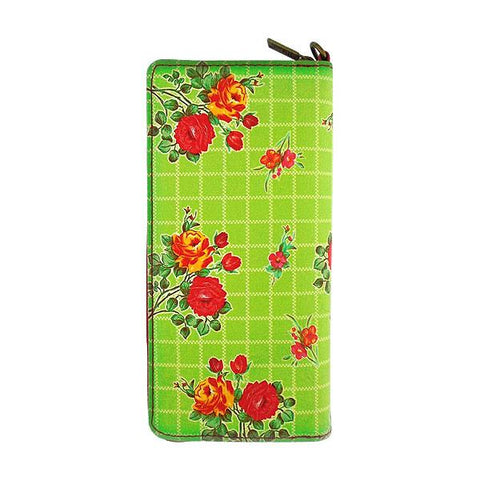 Mlavi Eco-friendly, cruelty-free, ethically made vegan wristlet wallet features colorful Mexican oilcloth rose flower pattern print. Great for every use, travel or as gift for family & friends. Wholesale at www.mlavi.com for gift shops, clothing & fashion accessories boutiques worldwide.