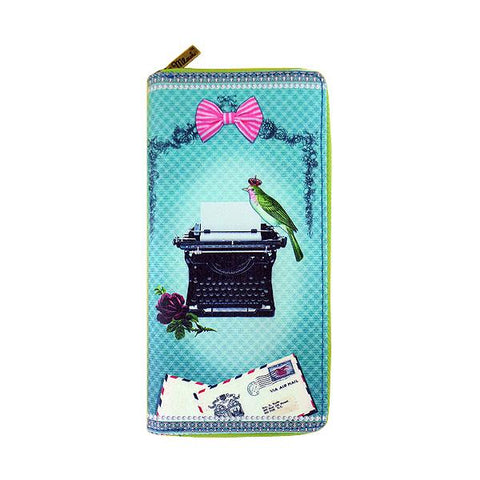 Mlavi kitsch style bird on typewriter print vegan large wallet made with Eco-friendly, cruelty free vegan materials. It can carry Iphone & passport. Great for everyday use, travel & as gift for friends & family. Wholesale at www.mlavi.com for gift shop, fashion accessories & clothing boutique.