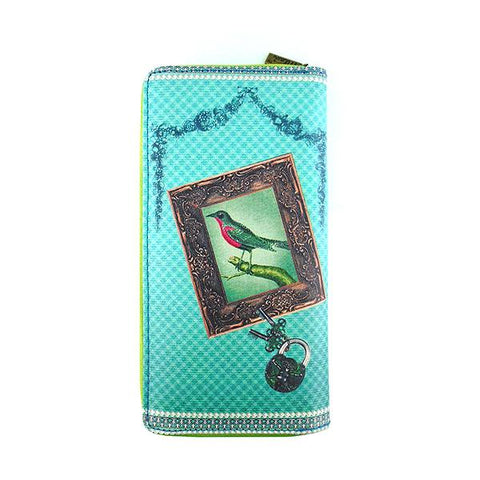 Mlavi kitsch style bird on typewriter print vegan large wallet made with Eco-friendly, cruelty free vegan materials. It can carry Iphone & passport. Great for everyday use, travel & as gift for friends & family. Wholesale at www.mlavi.com for gift shop, fashion accessories & clothing boutique.
