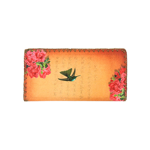 Mlavi studio rhododendron flower & hummingbird print vegan large flat wallet made with Eco-friendly & cruelty free materials. Great for everyday use or as gift for family & friends. Wholesale at www.mlavi.com to gift shop, clothing & fashion accessories boutiques, book stores in Canada, USA & worldwide.