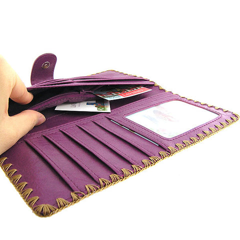 LAVISHY retro style sewing machine & flower embroidered vegan leather large flat wallet for women in purple