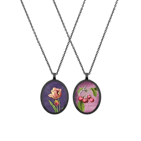 Online shopping for LAVISHY unique, beautiful & affordable vintage style reversible pendant necklace with tulip flower & cherry print. A great gift for you or your girlfriend, wife, co-worker, friend & family. Wholesale available at www.lavishy.com with many unique & fun fashion accessories.