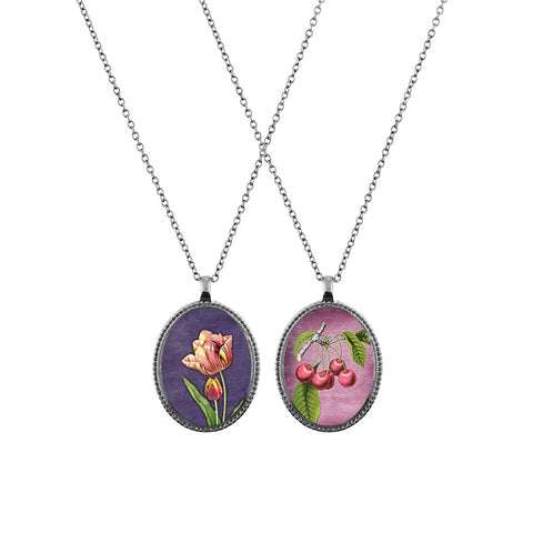 Online shopping for LAVISHY unique, beautiful & affordable vintage style reversible pendant necklace with tulip flower & cherry print. A great gift for you or your girlfriend, wife, co-worker, friend & family. Wholesale available at www.lavishy.com with many unique & fun fashion accessories.