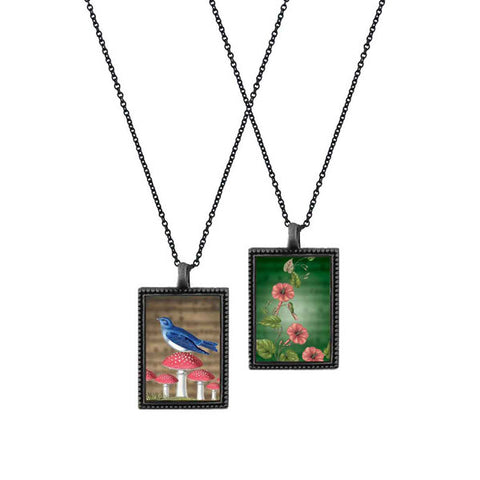 Online shopping for LAVISHY unique, beautiful & affordable vintage style reversible pendant necklace with bird on mushroom & morning of glory flower print. A great gift for you or your girlfriend, wife, co-worker, friend & family. Wholesale available at www.lavishy.com with many unique & fun fashion accessories.