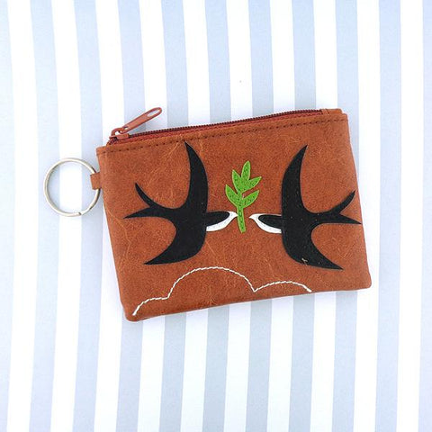 Online shopping for vegan brand LAVISHY's playful applique vegan key ring coin purse with adorable peace birds applique. Great for everyday use, fun gift for family & friends. Wholesale at www.lavishy.com for gift shop, clothing & fashion accessories boutique, book store in Canada, USA & worldwide since 2001.