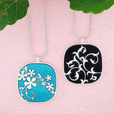 LAVISHY handmade silver plated reversible flower & vine enamel necklace. Great for everyday wear, gift for family & friend. Wholesale available at www.lavishy.com