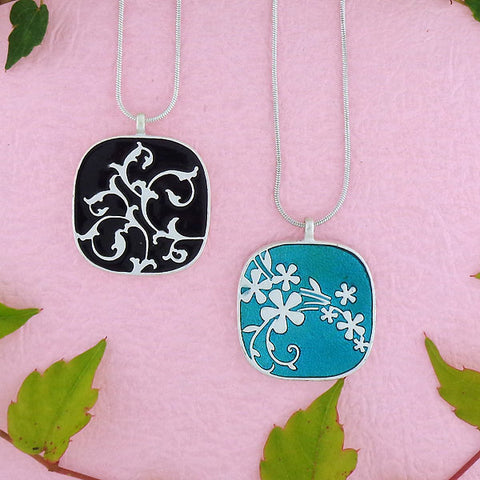 LAVISHY handmade silver plated reversible flower & vine enamel necklace. Great for everyday wear, gift for family & friend. Wholesale available at www.lavishy.com