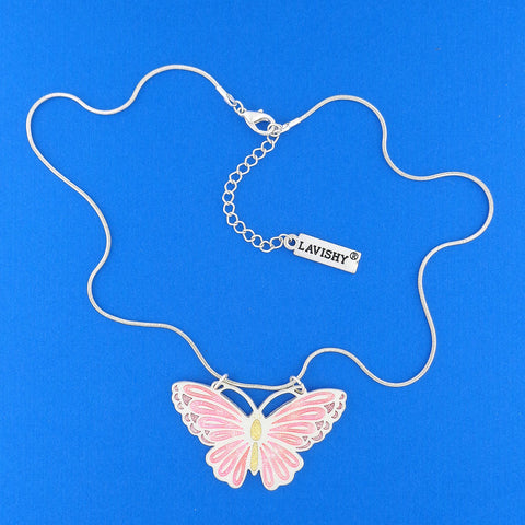 LAVISHY handmade silver plated reversible butterfly enamel necklace. Great for everyday wear, gift ideas for family & friends. 