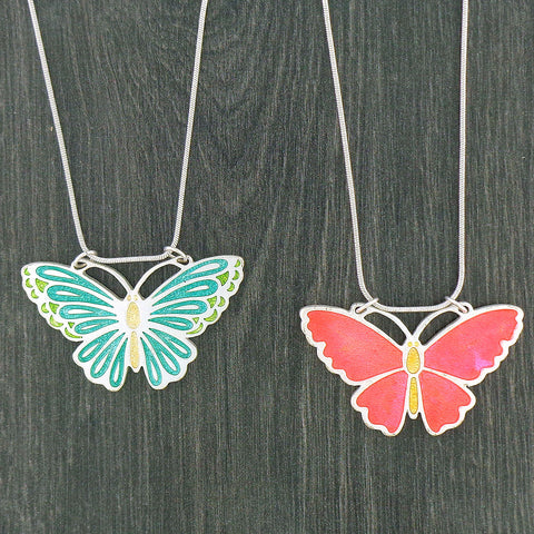 LAVISHY handmade silver plated reversible butterfly enamel necklace. Great for everyday wear, gift ideas for family & friends. 