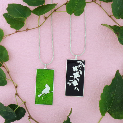 101-012: LAVISHY handmade silver plated enamel blue jay bird & dog wood flower reversible pendant fashion necklace