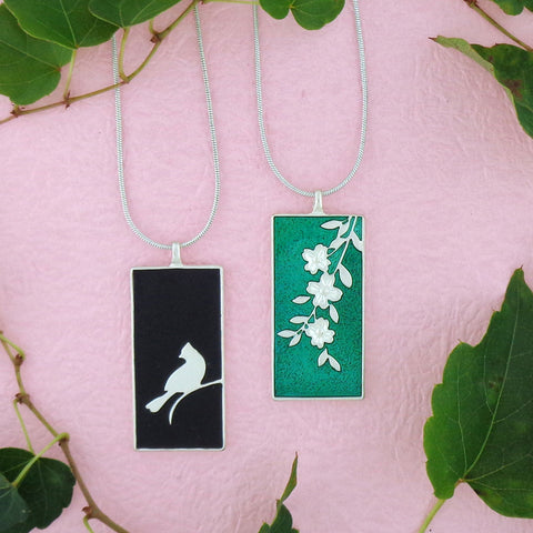 101-012: LAVISHY handmade silver plated enamel blue jay bird & dog wood flower reversible pendant fashion necklace