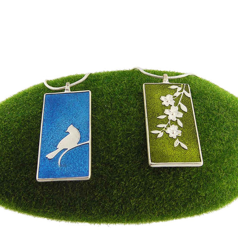 101-012: LAVISHY handmade silver plated enamel blue jay bird & dog wood flower reversible pendant fashion necklace